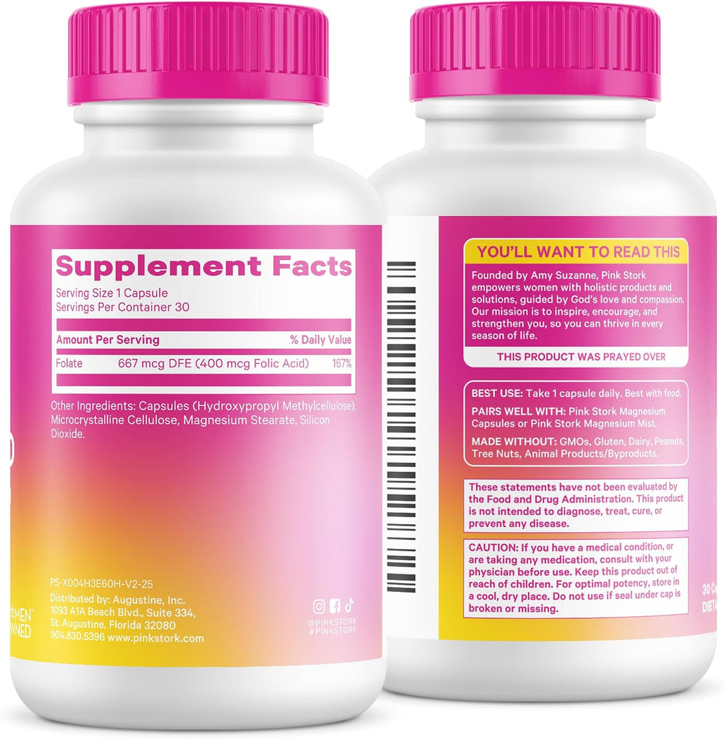 Pink Stork Folic Acid Supplement for Women – 400mcg, 30 Capsules | Daily Vitamin B9, Prenatal & Fertility Support, Supports Red Blood Cell Formation & Energy, Vegetarian - PrimeBioHealth - canada supplements
