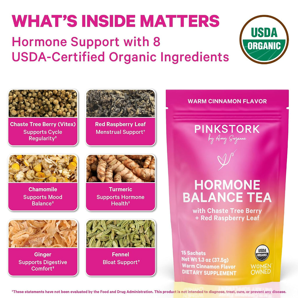 Pink Stork Organic Hormone Balance Tea for Women, Cinnamon, 30 Servings | Red Raspberry Leaf & Chasteberry (Vitex), Organic Herbal Tea, PMS, Menstrual Cycle + Perimenopause Support - PrimeBioHealth - canada supplements