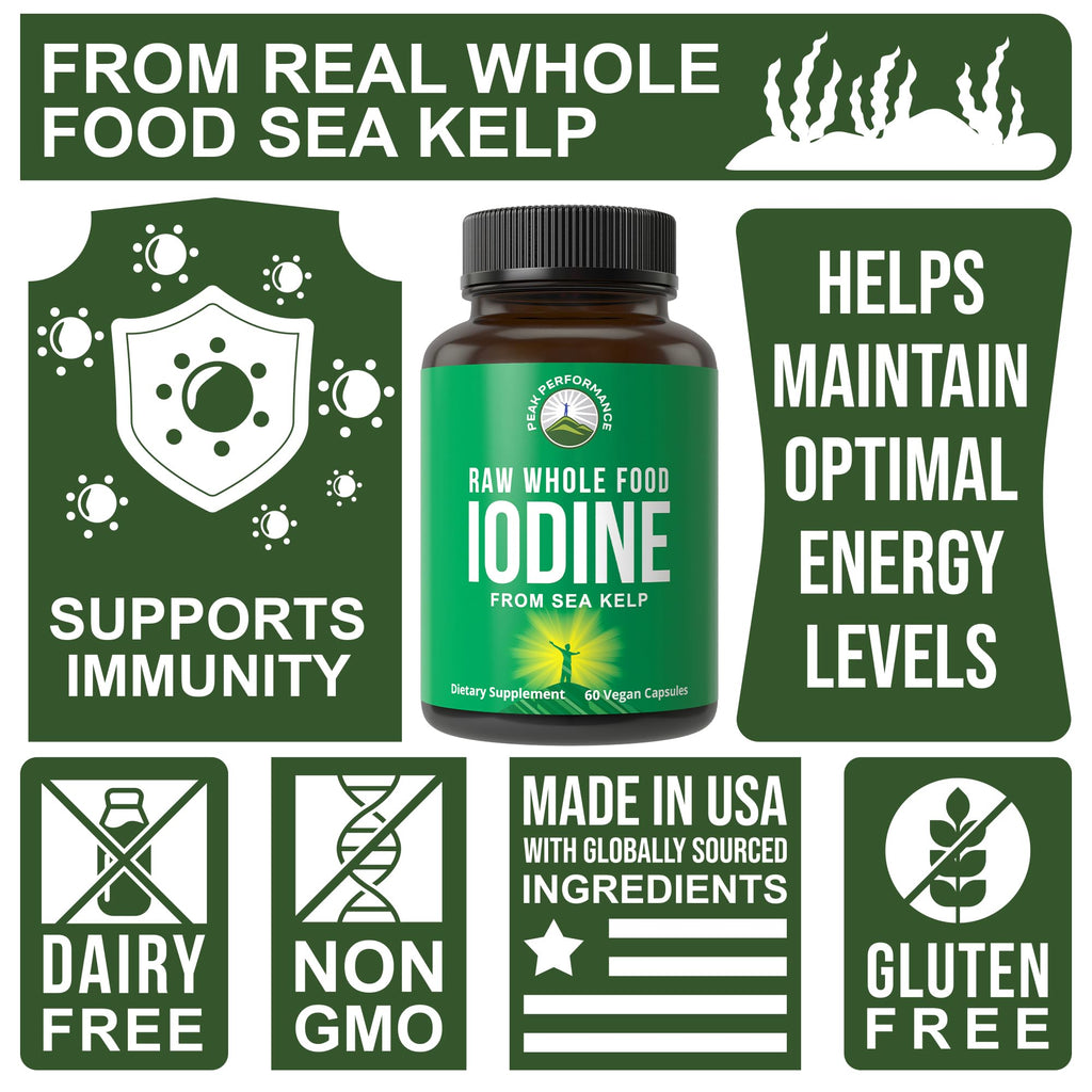 Raw Whole Food Iodine Supplement from Organic Kelp (Ascophyllum Nodosum) by Peak Performance. Potassium Iodide Support Tablets. for Metabolism, Energy, and Immune. 60 Vegan Capsules, Pills - PrimeBioHealth - canada supplements