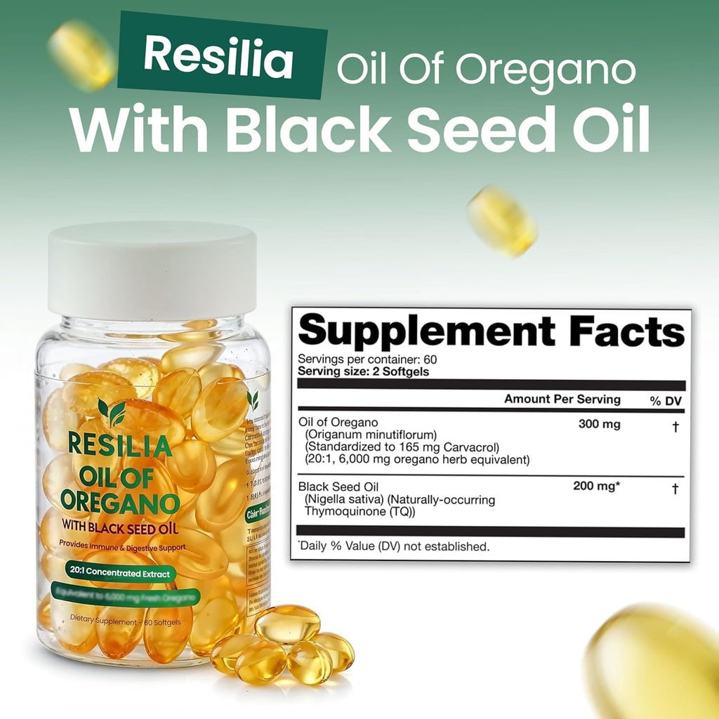 Resilia Black Seed Oil Softgels – Organic Oil of Oregano Capsules for Immune & Digestive Support – Non-GMO, Gluten-Free – New Bottle Packaging (60 Count) - PrimeBioHealth - canada supplements