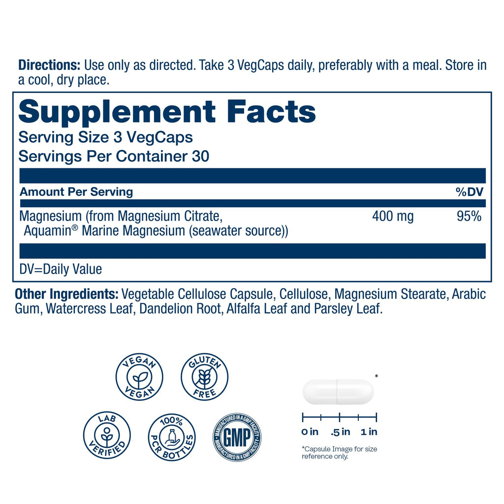 SOLARAY Magnesium Citrate 400mg - Magnesium Supplement - Bone Health, Muscle, Relaxation and Heart Health Support - Vegan, Gluten Free - 60 Servings, 180 VegCaps - PrimeBioHealth - canada supplements