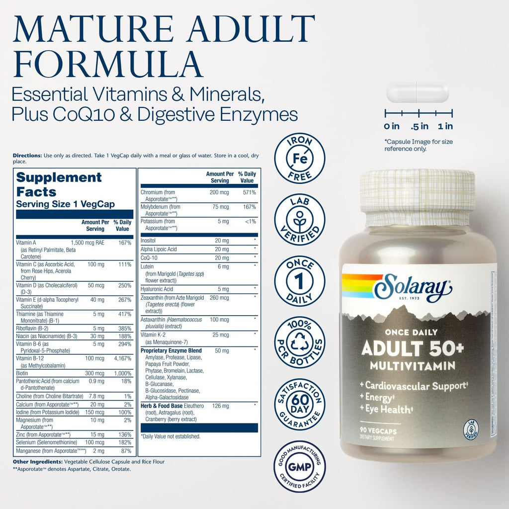 Solaray Once Daily Adult 50+ Complete Multivitamin for Women & Men, Essential Vitamins & Chelated Minerals for Healthy Energy, Heart, Brain & Immune Support, With CoQ10 & Lutein, Iron Free, 90 VegCaps - PrimeBioHealth - canada supplements