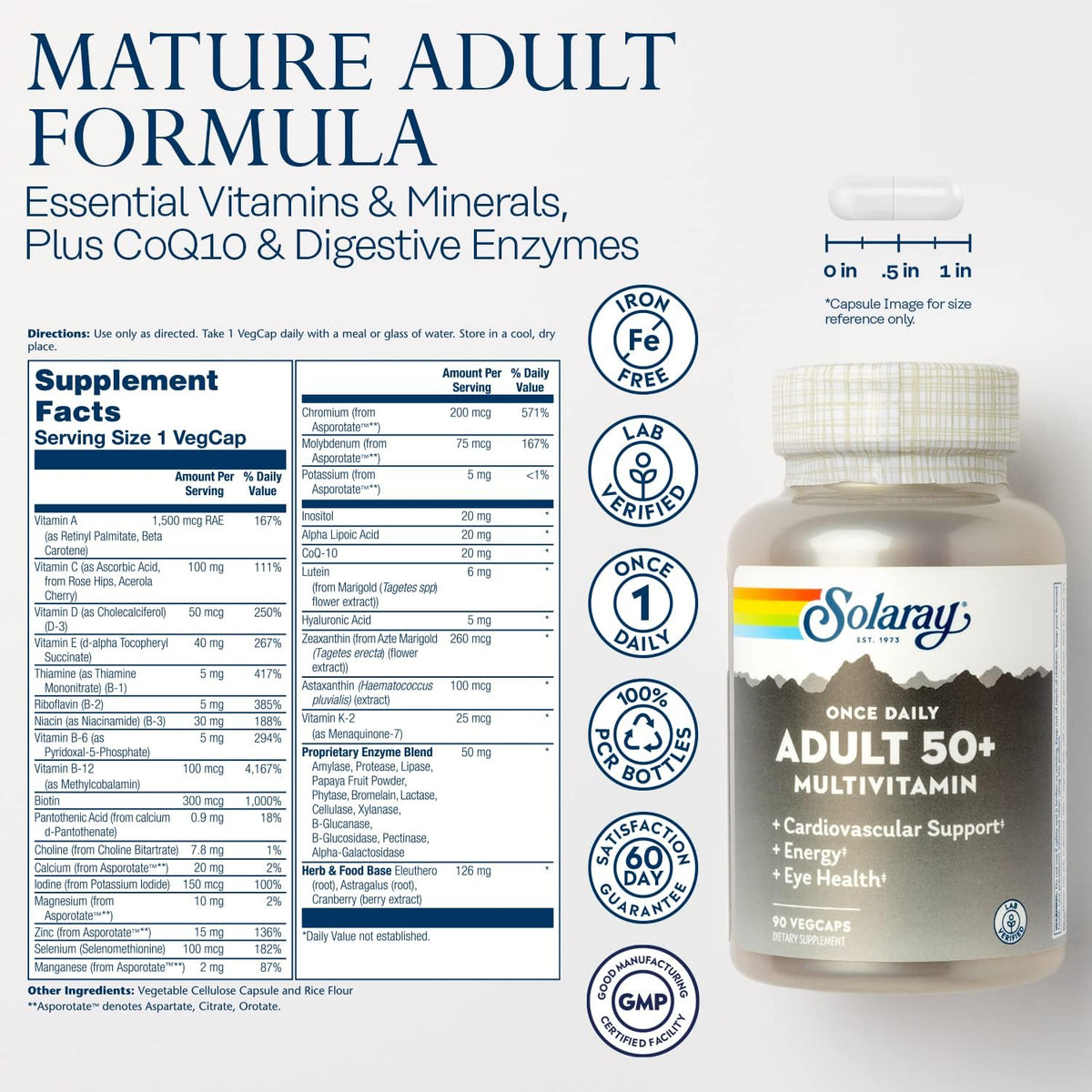 Solaray Once Daily Adult 50+ Complete Multivitamin for Women & Men, Essential Vitamins & Chelated Minerals for Healthy Energy, Heart, Brain & Immune Support, With CoQ10 & Lutein, Iron Free, 90 VegCaps - PrimeBioHealth - canada supplements