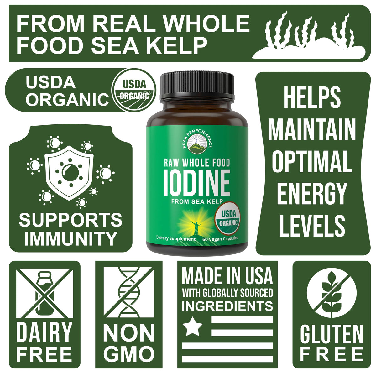 USDA Organic Raw Whole Food Iodine Supplement from Kelp (Ascophyllum Nodosum) - Potassium Iodide Tablets Alternative - for Thyroid, Energy, and Immune Support - 60 Vegan Capsules by Peak Performance - PrimeBioHealth - canada supplements