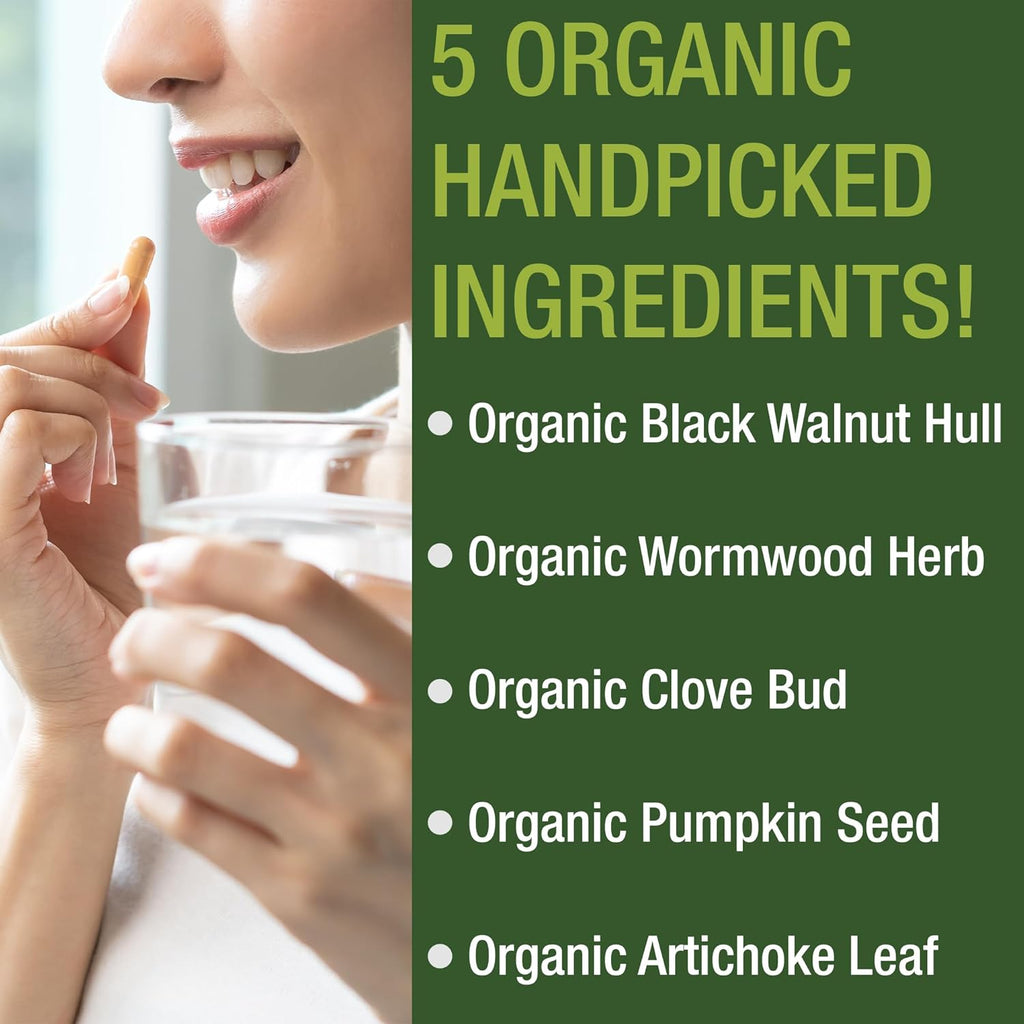 USDA Organic Wormwood Black Walnut Clove Cleanse for Humans. Elimination Detox + Intestinal Support Capsules Supplement for Adults and Kids. Pills with Artichoke and Pumpkin Seed for Added Benefits - PrimeBioHealth - canada supplements