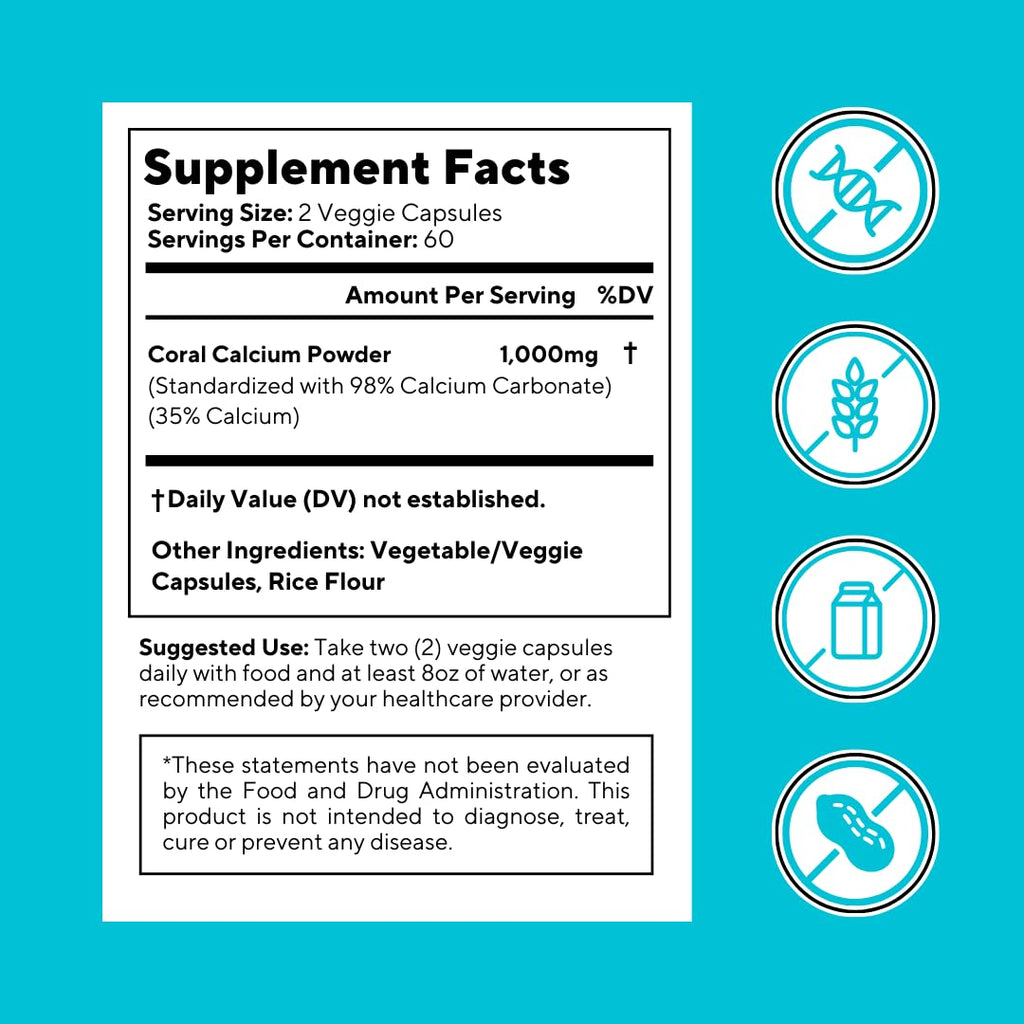 Vitapia Coral Calcium Powder 1000mg Capsules for Overall Health, Bone Health, PH Level Balance, Trace Minerals Support - 120 Veggie Capsules - Non-GMO & Gluten-Free Supplement - PrimeBioHealth - canada supplements