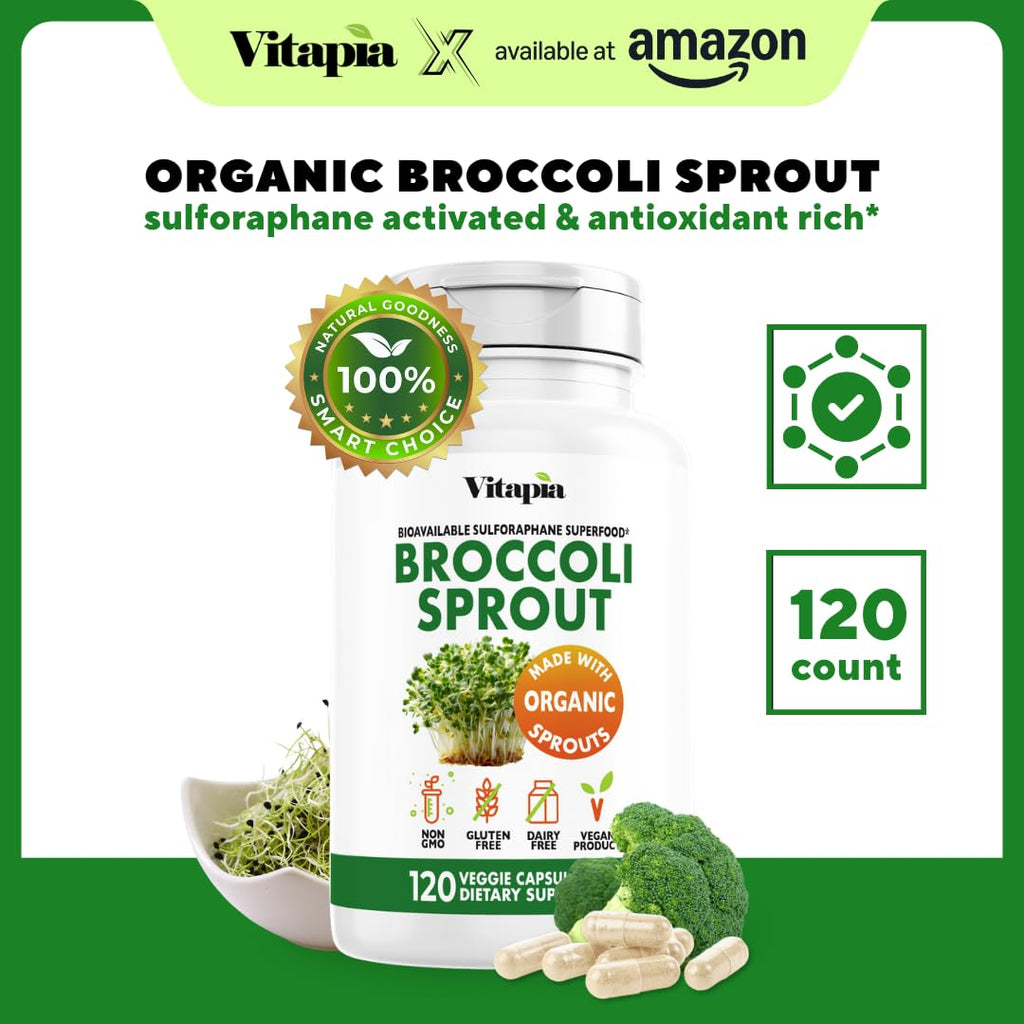 Vitapia Organic Broccoli Sprout & Broccoli Extract for Sulforaphane, Antioxidant, Brain, Skin, Heart Health Support - 120 Veggie Capsules - Non-GMO, Gluten-Free, Vegan-Friendly Supplement - PrimeBioHealth - canada supplements