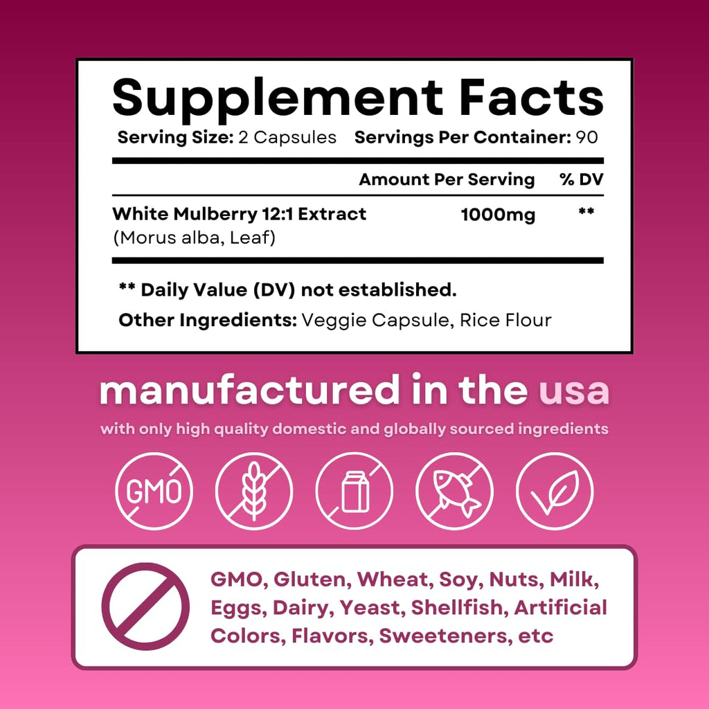 White Mulberry Leaf Extract 1000mg - 12:1 Morus Alba Extract - Antioxidant, Heart Health, Overall Metabolism Support - 180 Veggie Capsules - Non GMO, Gluten Free, Vegan Friendly Supplement - PrimeBioHealth - canada supplements